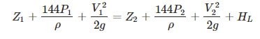 Equation showing energy balance in a fluid system, essential for analyzing Net Positive Suction Head Pump performance: Z1 + 144P1/ρ + V1²/2g = Z2 + 144P2/ρ + V2²/2g + HL.
