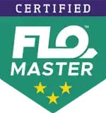 Certified FLO Master badge with three yellow stars, featuring a green and purple color scheme and bold white text.
