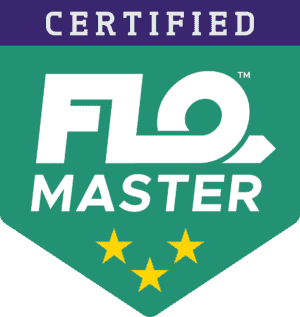 A badge with the words Certified FLO Master and three yellow stars on a green background, recognizing achievement in PIPE-FLO Training.