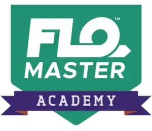 Flo Master Academy logo featuring FLO MASTER in white text on a green shield above a purple ribbon with ACADEMY in white capital letters.