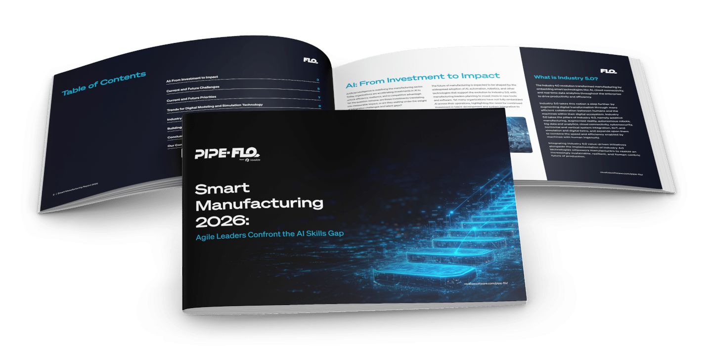 A booklet titled Smart Manufacturing 2026: Agile Leaders Confront the AI Skills Gap is shown open, displaying the table of contents and a page with text.