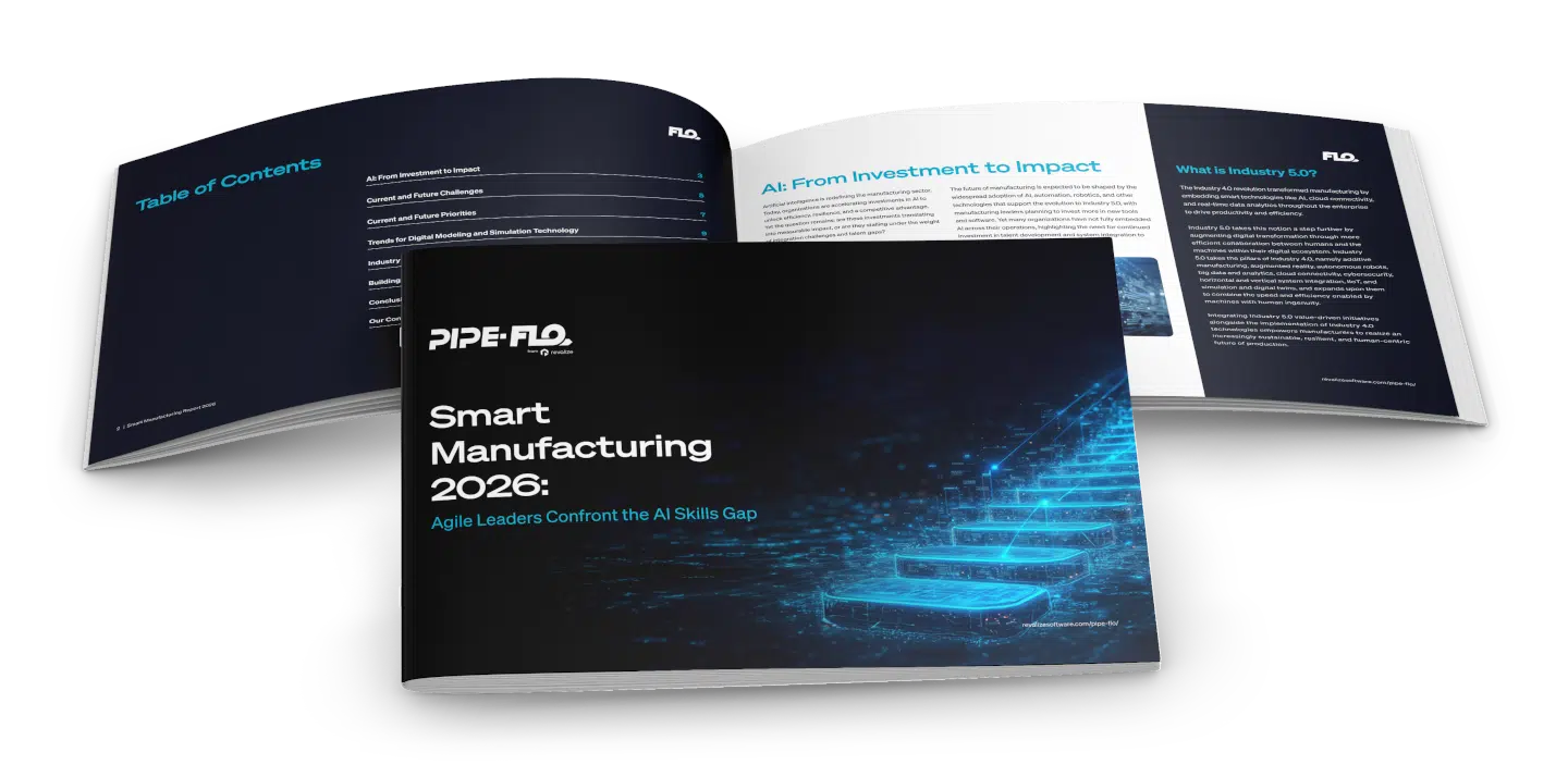 A booklet titled Smart Manufacturing 2026: Agile Leaders Confront the AI Skills Gap is shown open, displaying the table of contents and a page with text.
