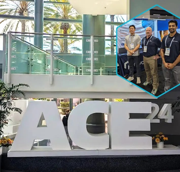 Large white ACE24 sign in a bright lobby with glass railings and palm trees outside; inset shows three men standing together at an indoor event.