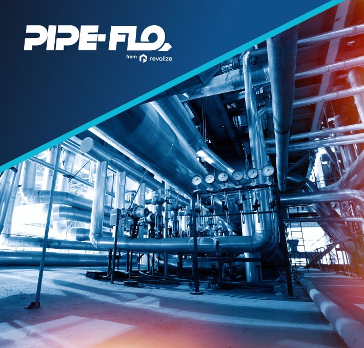 Industrial facility with extensive piping, multiple pressure gauges, and metal structures, overlaid with the PIPE-FLO logo and branding in the top left corner.