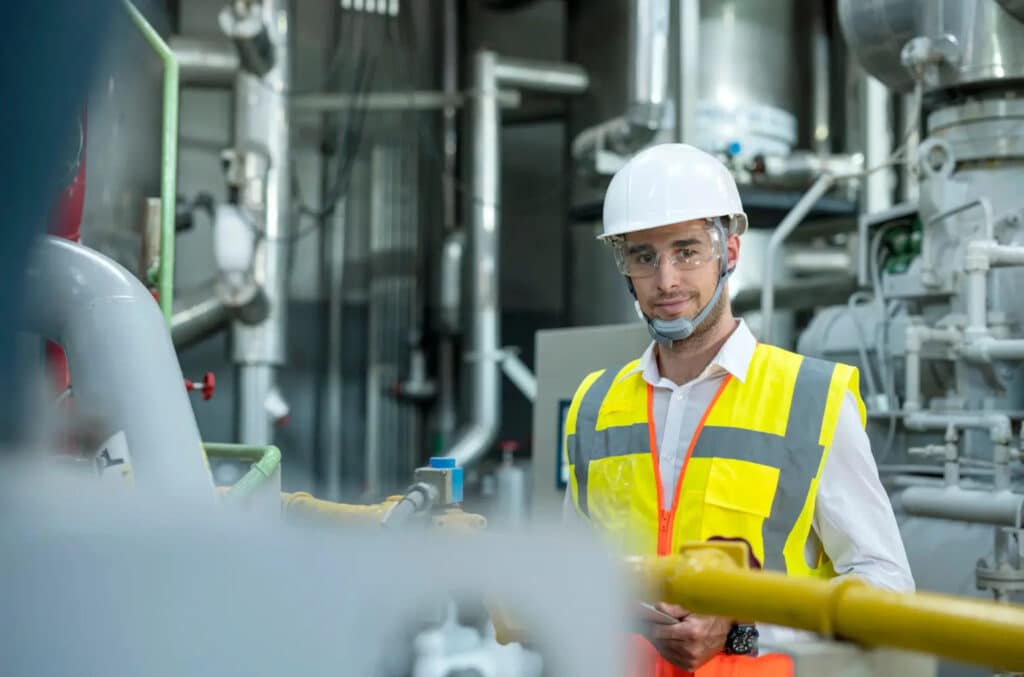 A man wearing a white hard hat, safety goggles, and a yellow reflective vest stands in an industrial facility with pipes and machinery in the background.