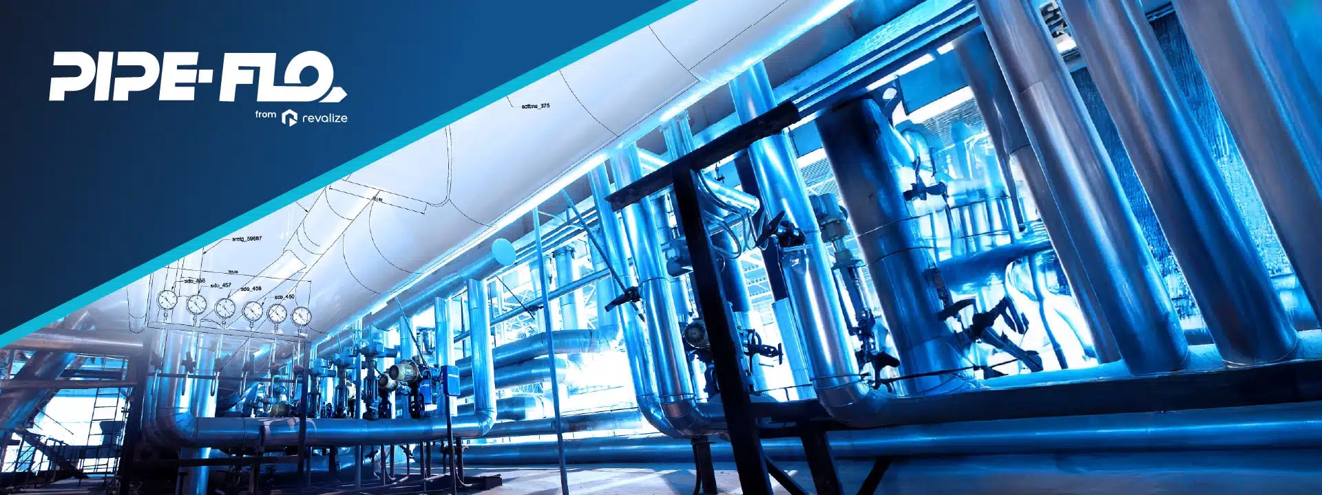 Industrial facility interior with multiple large metal pipes, valves, and gauges under bright lighting; PIPE-FLO from Revalize logo featured in the upper left corner.