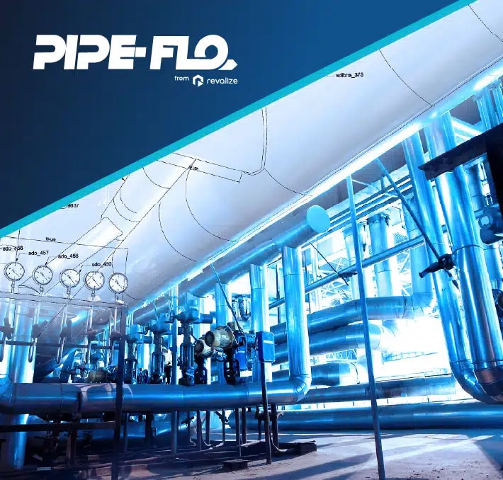 Industrial facility interior with numerous interconnected pipes, valves, and gauges, labeled PIPE-FLO from Revalize in bold text at the top left.