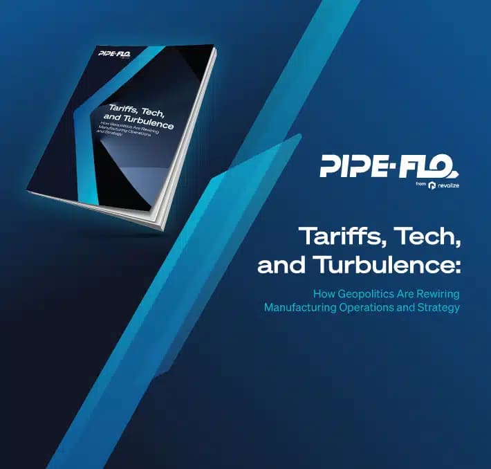 A booklet titled Tariffs, Tech, and Turbulence by PIPE-FLO is displayed on a blue background with geometric lines.