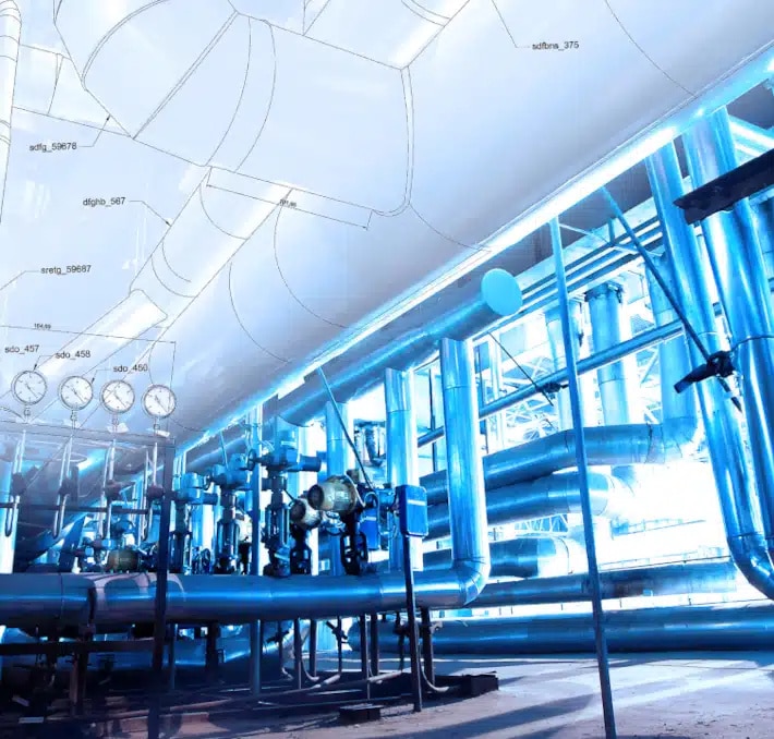 Network of blue metal pipes and gauges in an industrial facility with bright lighting and ceiling schematics visible above.