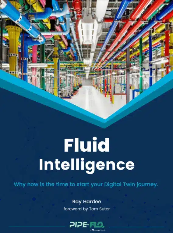 Book cover titled Fluid Intelligence by Ray Hardee, featuring a photo of colorful industrial pipes and text about starting a digital twin journey.