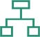 Simple green hierarchical chart icon with one top box connected to three lower boxes by lines.