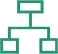 Simple green hierarchical chart icon with one top box connected to three lower boxes by lines.