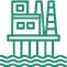 Green line drawing of an offshore oil rig with two towers, standing on pillars above the water.