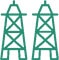 Two green line-drawn oil derrick towers are shown side by side on a white background.