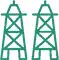 Two green line-drawn oil derrick towers are shown side by side on a white background.