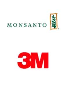 Logos of Monsanto (with green text and a leaf symbol) and 3M (in bold red letters) displayed vertically.