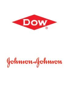 Logos of two companies: Dow (in a red diamond shape) above, and Johnson & Johnson (in red script font) below, both on a white background.