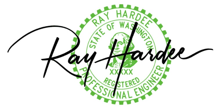 A green Washington State professional engineer seal with “Ray Hardee” signature over it.