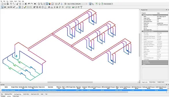 3D schematic of an HVAC duct system displayed in CAD software, with red, blue, and green lines representing different duct sections and components.