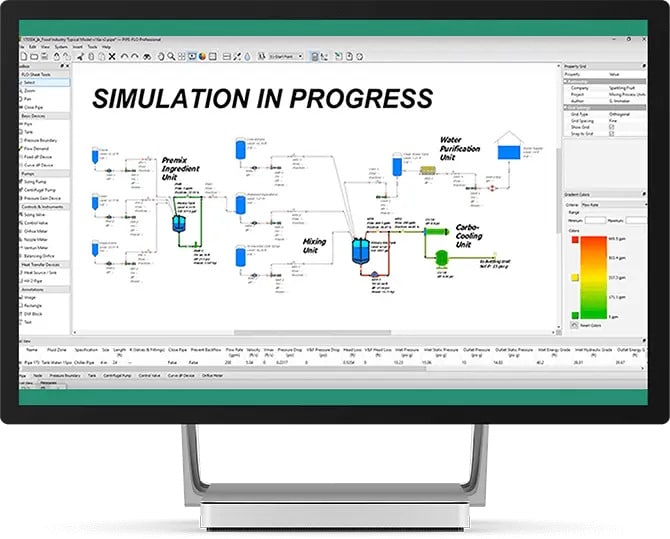 Computer monitor displaying a process simulation software interface with a flow diagram and the text SIMULATION IN PROGRESS at the top.