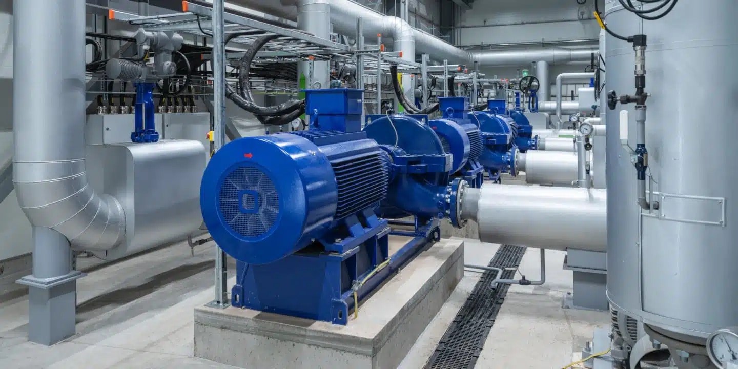 Industrial facility with large blue electric motors and pumps connected to silver pipes, situated on a concrete floor with various other machinery and ventilation ducts visible.