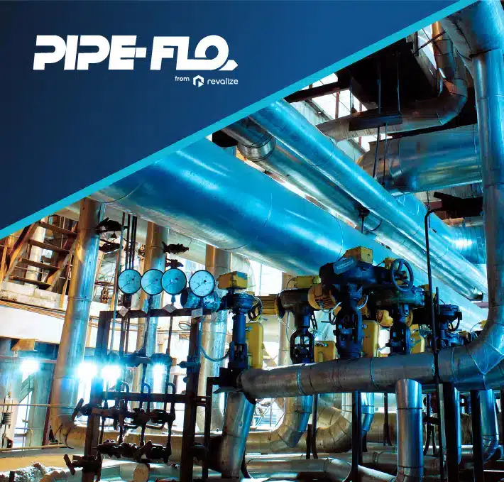 Large industrial facility with metal pipes, valves, and pressure gauges; PIPE-FLO from Revalize logo displayed at the top of the image.