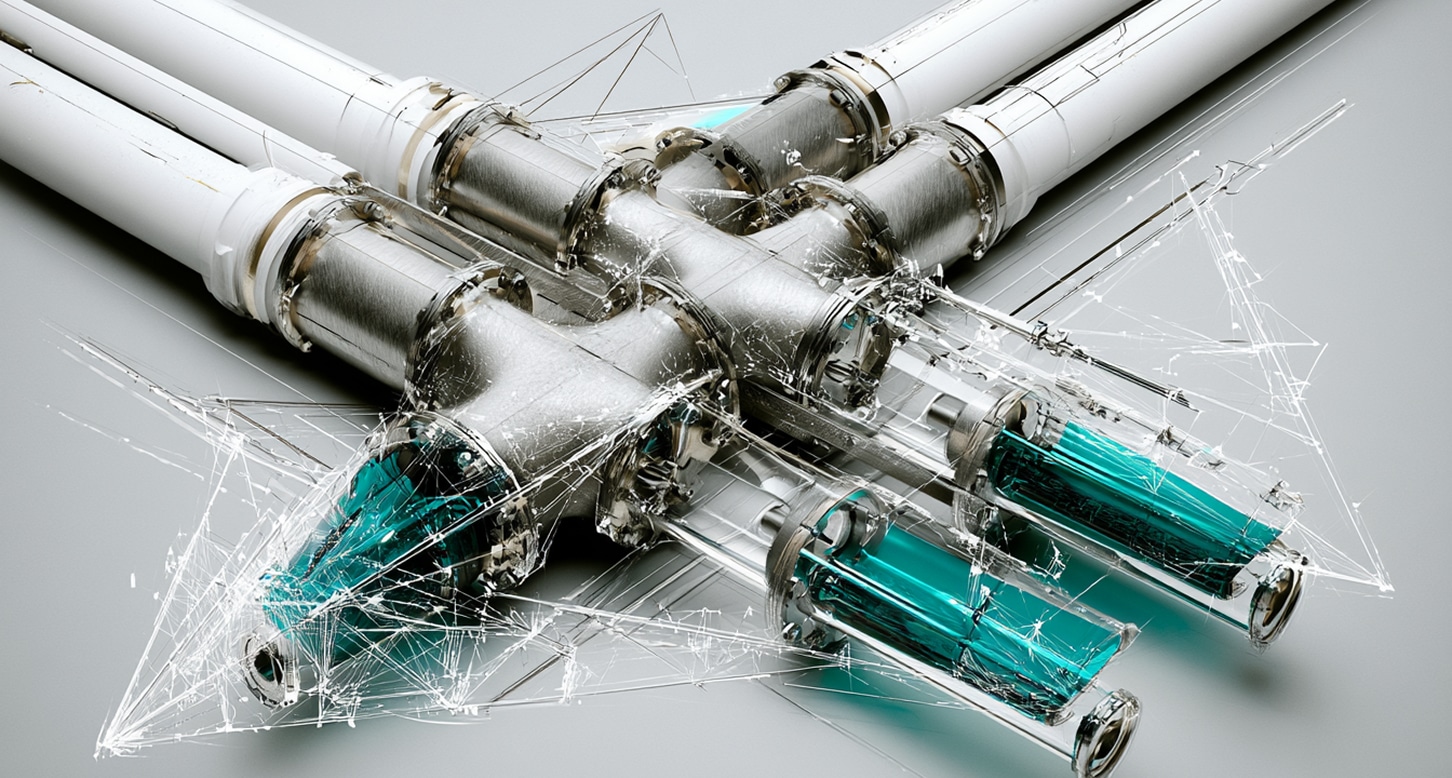 Four white and silver pipes intersect, with turquoise liquid inside glass sections, surrounded by cracks and shards suggesting breakage or impact—evoking the precision and complexity of AI engineering simulation in advanced manufacturing environments.