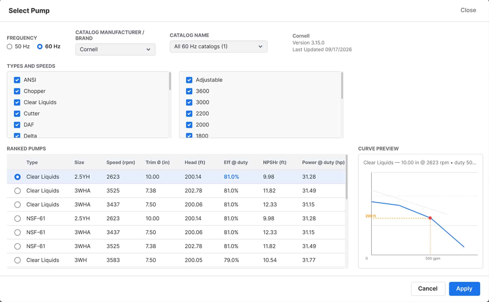 Pump selection software interface showing filter criteria, a ranked list of pump specifications, and a performance curve preview graph for fluid simulation software.