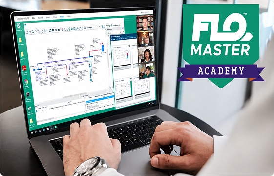 A person uses a laptop displaying building automation software and a video conference call, next to a Flo-Master Academy logo.