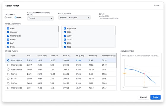 Software interface for selecting industrial pumps, displaying filter options and a table of pump specifications with a corresponding performance curve graph.